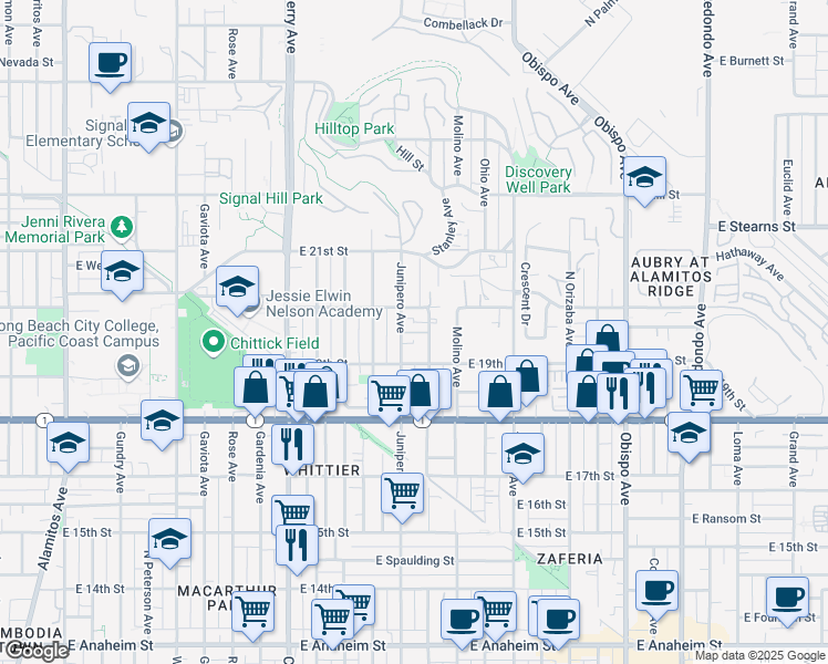 map of restaurants, bars, coffee shops, grocery stores, and more near 1921 Stanley Avenue in Signal Hill