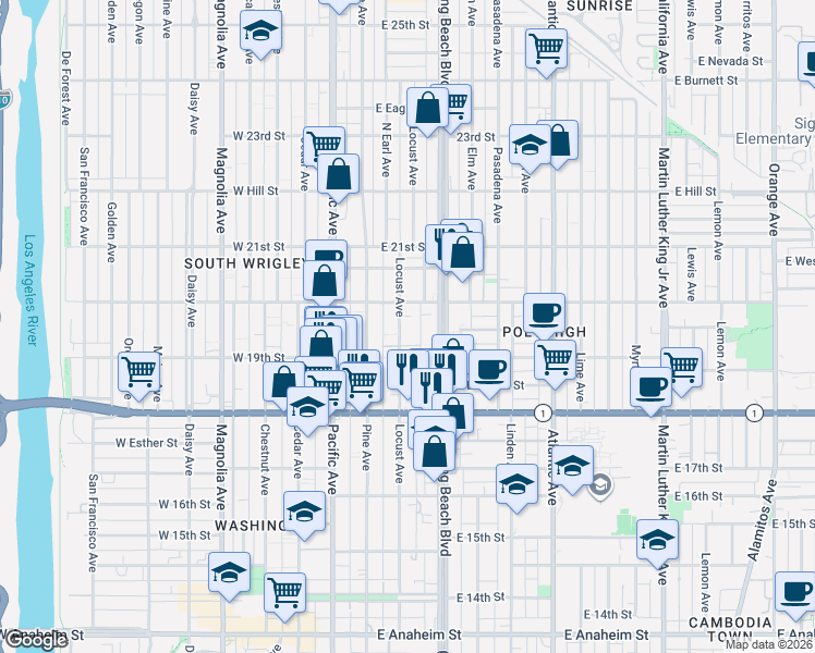 map of restaurants, bars, coffee shops, grocery stores, and more near 1916 Locust Avenue in Long Beach