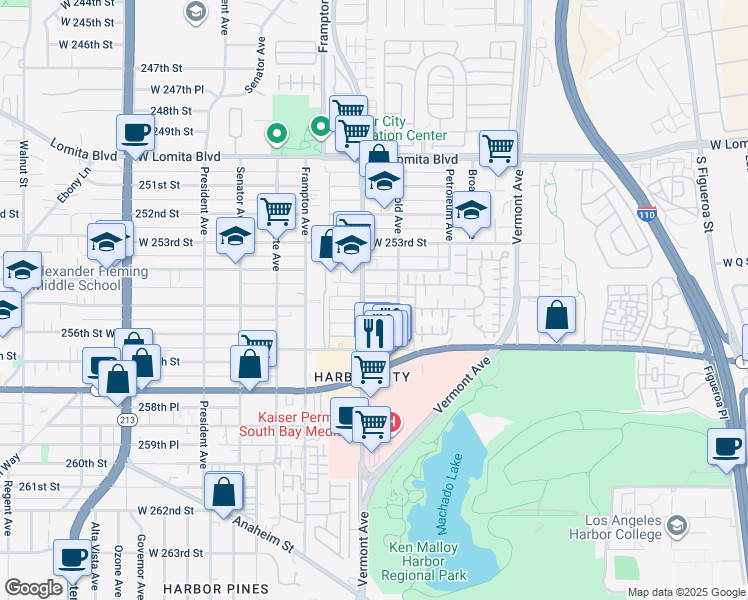 map of restaurants, bars, coffee shops, grocery stores, and more near 25555 Normandie Avenue in Los Angeles