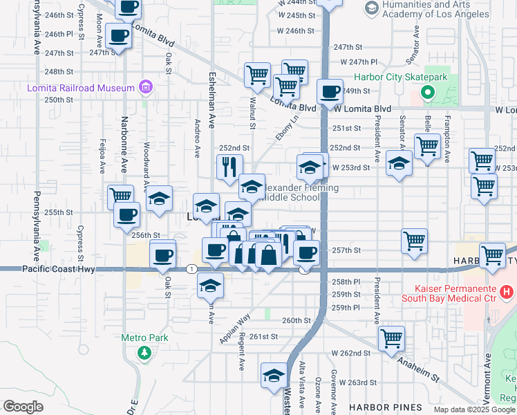 map of restaurants, bars, coffee shops, grocery stores, and more near 1847 256th Street West in Lomita