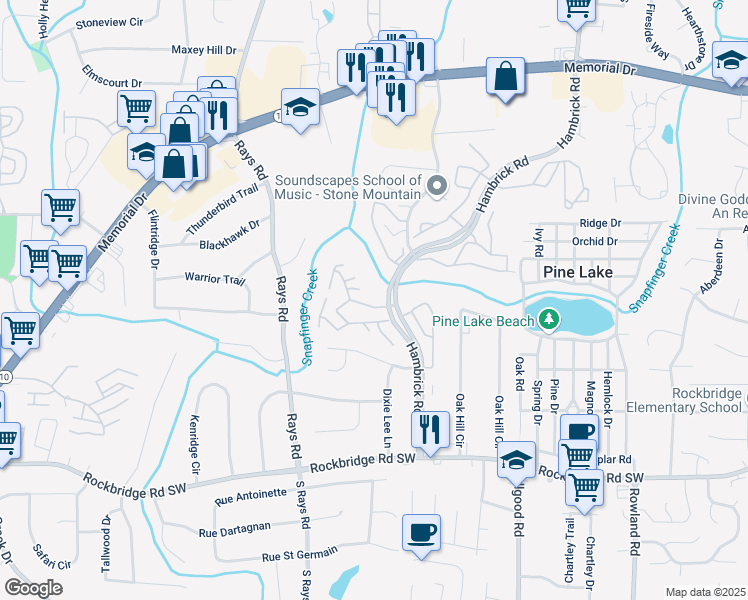map of restaurants, bars, coffee shops, grocery stores, and more near 500-522 Old Front Street in Stone Mountain
