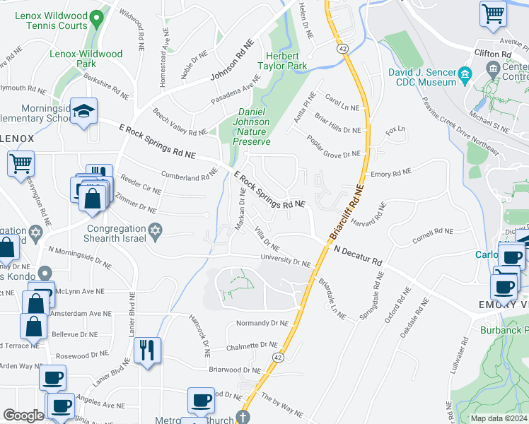 map of restaurants, bars, coffee shops, grocery stores, and more near 570 Rock Springs Place Northeast in Atlanta