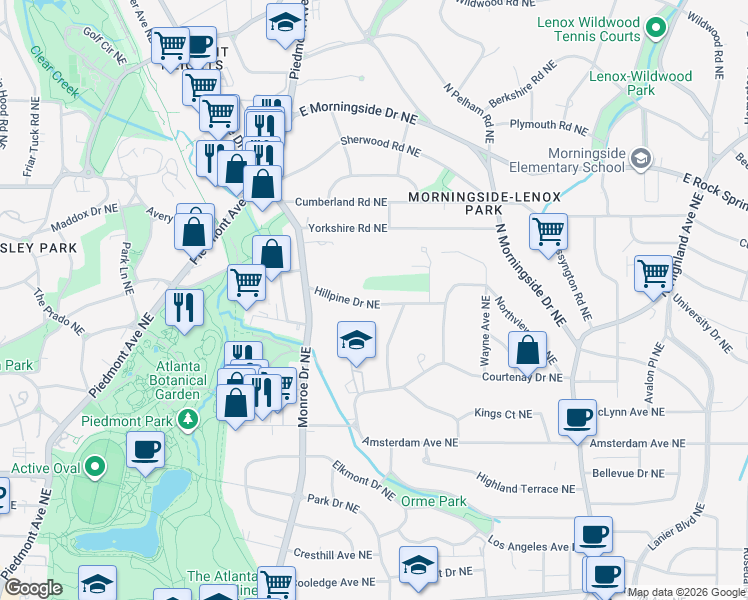 map of restaurants, bars, coffee shops, grocery stores, and more near 696 Hillpine Drive Northeast in Atlanta