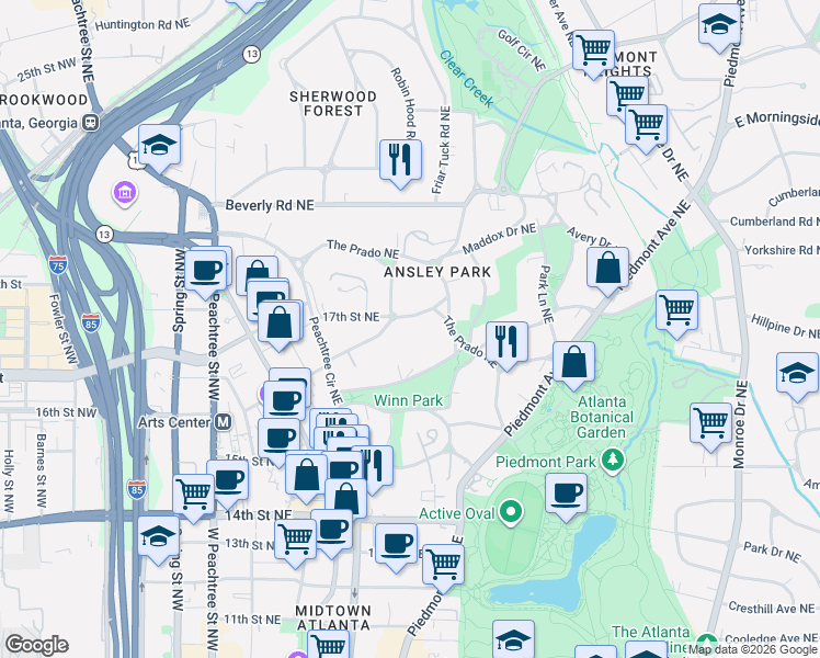 map of restaurants, bars, coffee shops, grocery stores, and more near 96 Westminster Drive Northeast in Atlanta