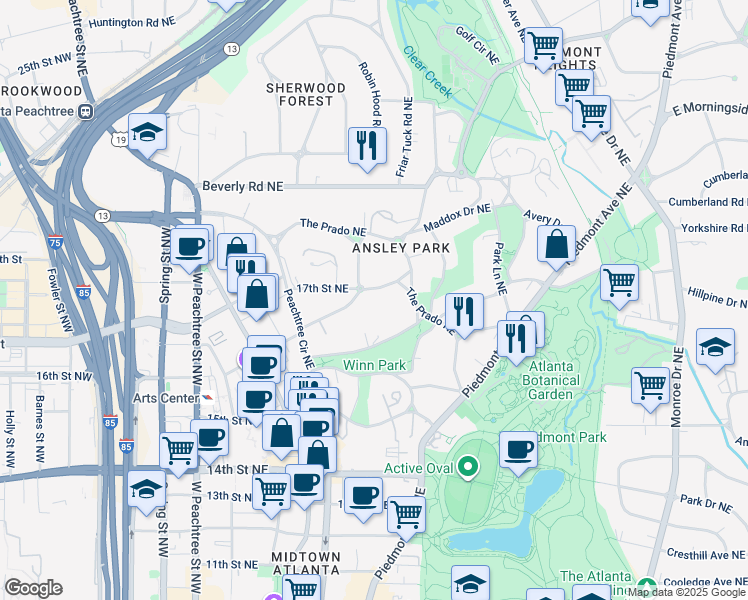 map of restaurants, bars, coffee shops, grocery stores, and more near 96 Westminster Drive Northeast in Atlanta