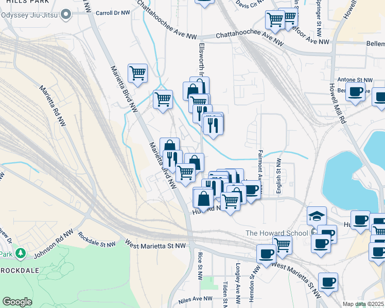 map of restaurants, bars, coffee shops, grocery stores, and more near 1252 Prouve Court Northwest in Atlanta