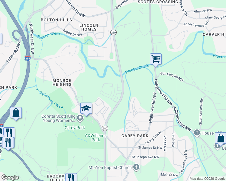map of restaurants, bars, coffee shops, grocery stores, and more near 1332 Creekside Circle Northwest in Atlanta