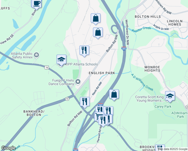 map of restaurants, bars, coffee shops, grocery stores, and more near 1393 Bolton Road Northwest in Atlanta
