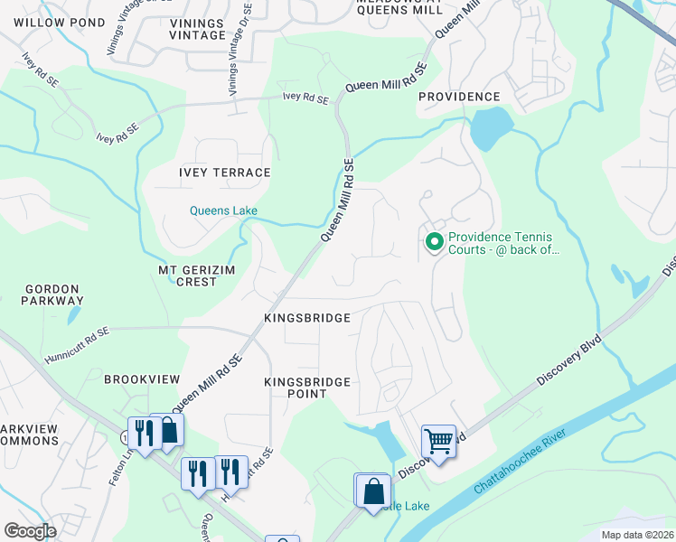 map of restaurants, bars, coffee shops, grocery stores, and more near 805 Bishops Run Lane in Mableton
