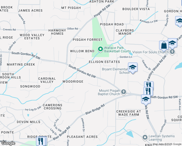 map of restaurants, bars, coffee shops, grocery stores, and more near 1051 South Gordon Road Southwest in Austell