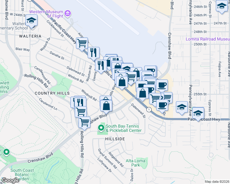 map of restaurants, bars, coffee shops, grocery stores, and more near 2754 Dalemead Street in Torrance