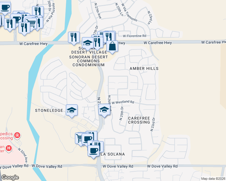 map of restaurants, bars, coffee shops, grocery stores, and more near 2565 West Woburn Lane in Phoenix