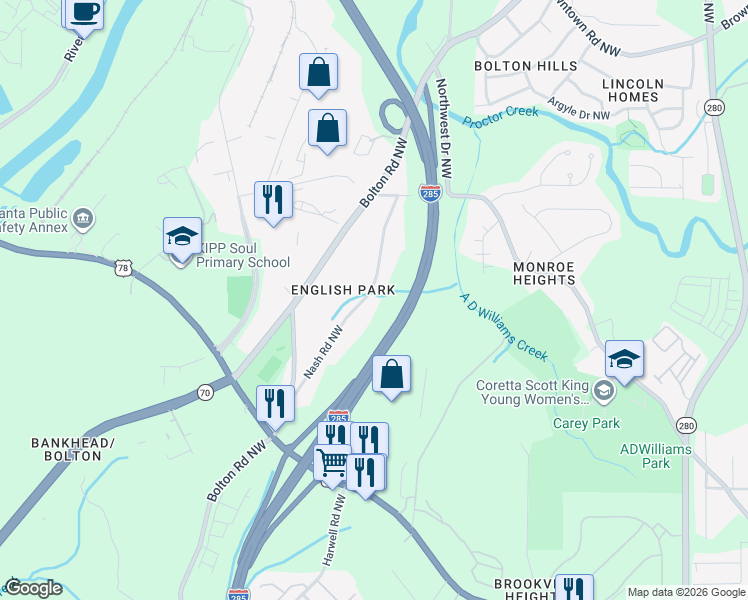 map of restaurants, bars, coffee shops, grocery stores, and more near 1385 Nash Road Northwest in Atlanta