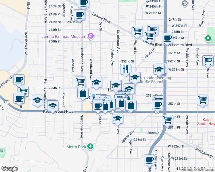map of restaurants, bars, coffee shops, grocery stores, and more near 2047 255th Street in Lomita