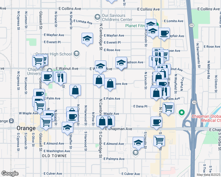 map of restaurants, bars, coffee shops, grocery stores, and more near 325 North Waverly Street in Orange
