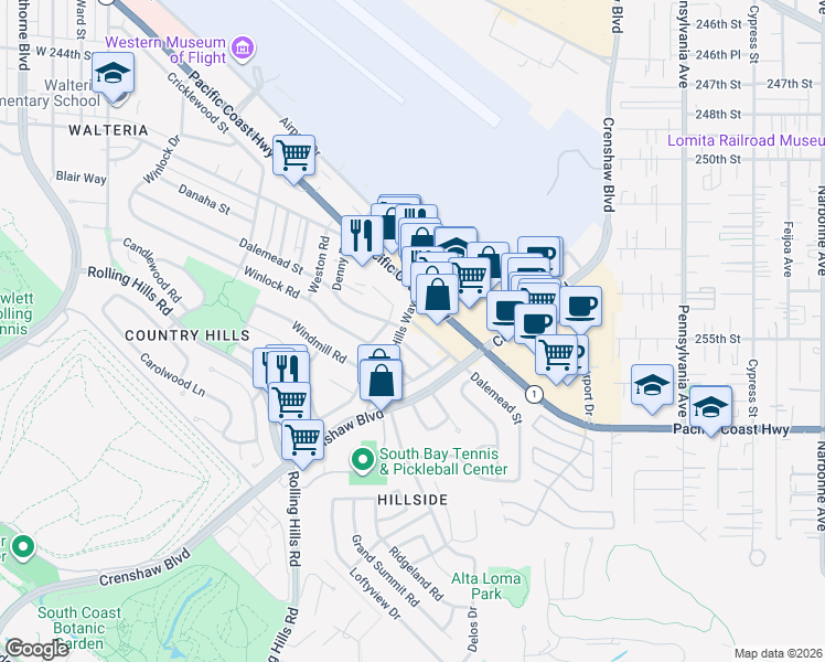 map of restaurants, bars, coffee shops, grocery stores, and more near 2730 Normallin Street in Torrance