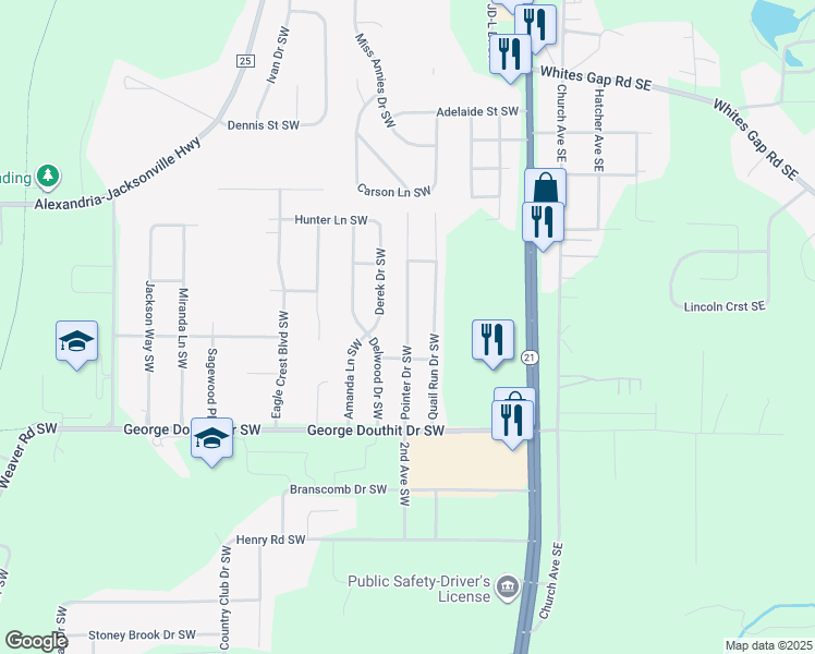 map of restaurants, bars, coffee shops, grocery stores, and more near Pointer Drive Southwest in Jacksonville