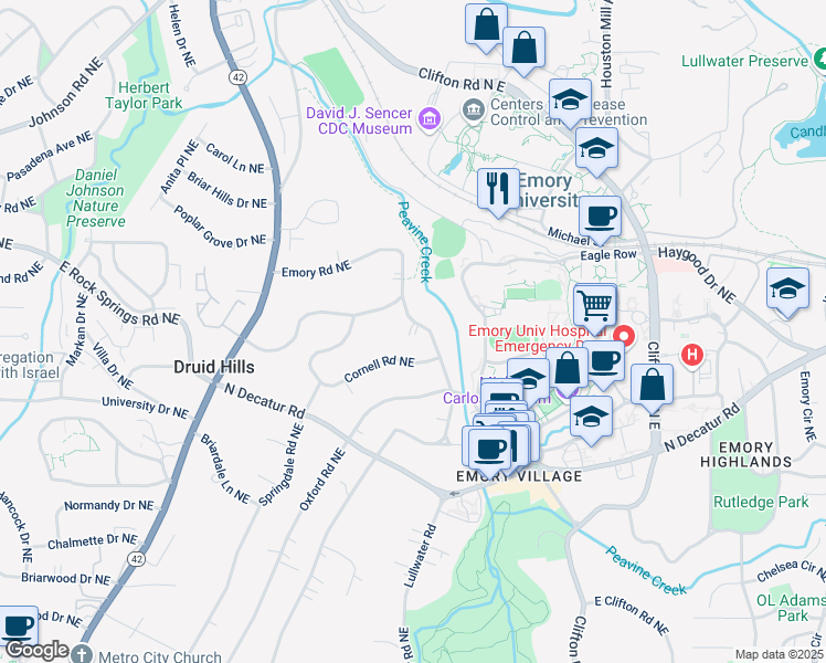 map of restaurants, bars, coffee shops, grocery stores, and more near 1503 Emory Road Northeast in Atlanta