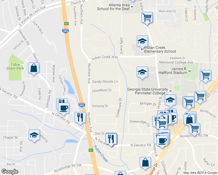 map of restaurants, bars, coffee shops, grocery stores, and more near 3566 Cloudland Drive in Stone Mountain