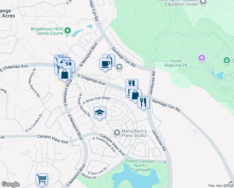 map of restaurants, bars, coffee shops, grocery stores, and more near 8215 East White Oak Ridge in Orange