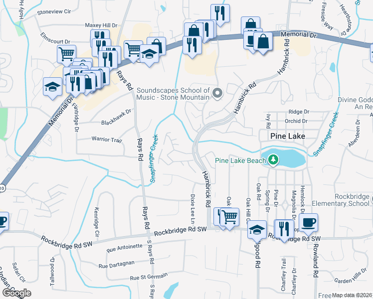 map of restaurants, bars, coffee shops, grocery stores, and more near 500 Hambrick Road in Stone Mountain