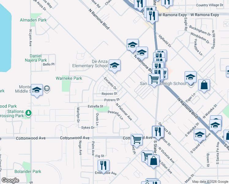 map of restaurants, bars, coffee shops, grocery stores, and more near 427 Reposo Street in San Jacinto