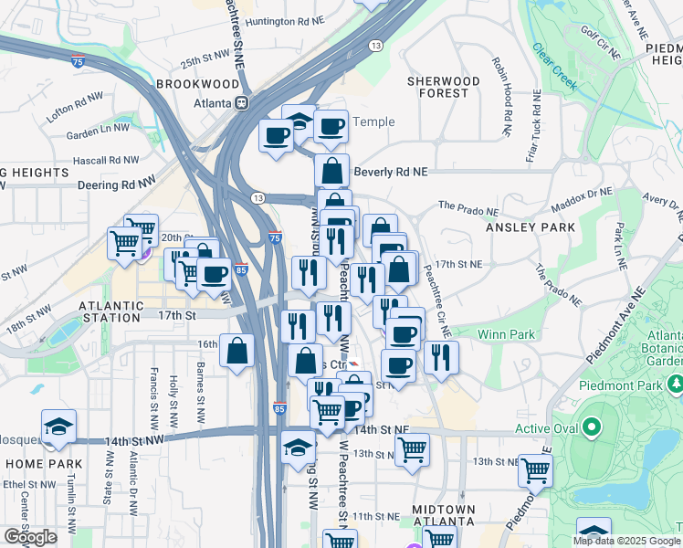 map of restaurants, bars, coffee shops, grocery stores, and more near in Atlanta