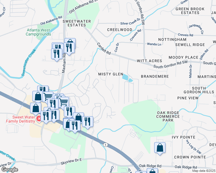 map of restaurants, bars, coffee shops, grocery stores, and more near 6614 Coventry Point in Austell