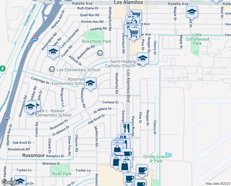 map of restaurants, bars, coffee shops, grocery stores, and more near 3391 Rossmoor Way in Los Alamitos