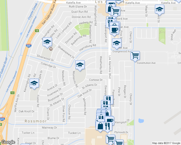 map of restaurants, bars, coffee shops, grocery stores, and more near 3311 Rossmoor Way in Los Alamitos