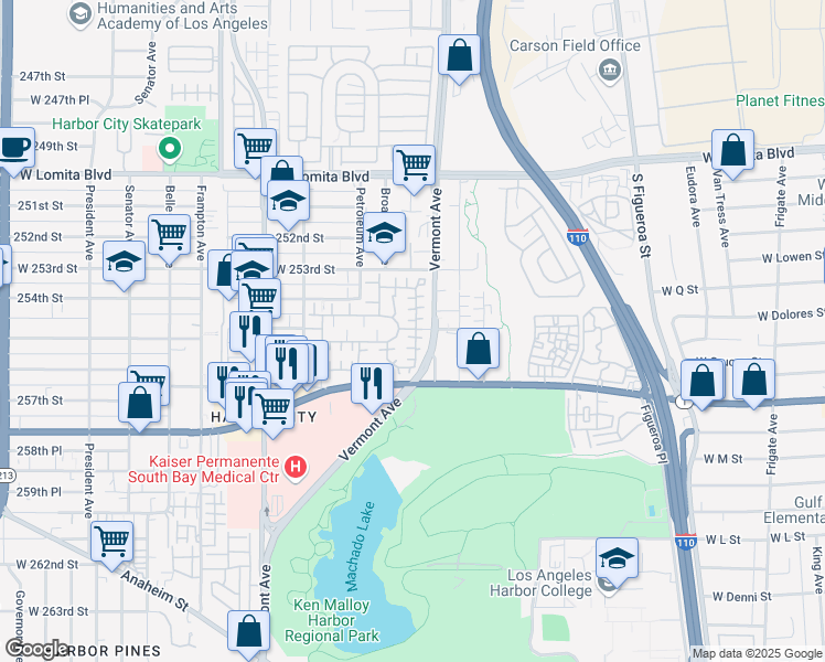 map of restaurants, bars, coffee shops, grocery stores, and more near 25513 Bayside Place in Los Angeles