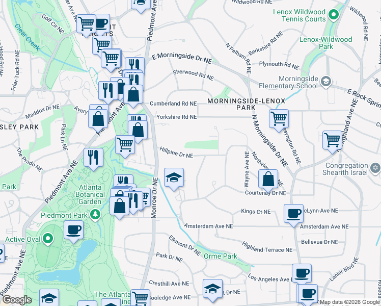map of restaurants, bars, coffee shops, grocery stores, and more near 696 Hillpine Drive Northeast in Atlanta