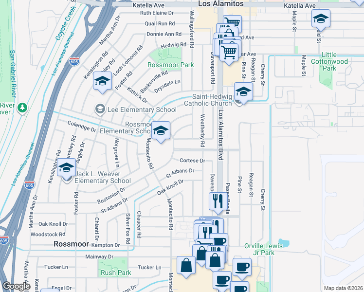 map of restaurants, bars, coffee shops, grocery stores, and more near 3311 Rossmoor Way in Los Alamitos