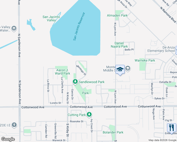 map of restaurants, bars, coffee shops, grocery stores, and more near 1742 Caseros Drive in San Jacinto