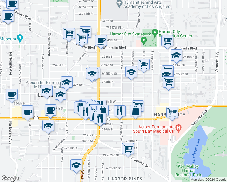 map of restaurants, bars, coffee shops, grocery stores, and more near 1633 255th Street in Los Angeles