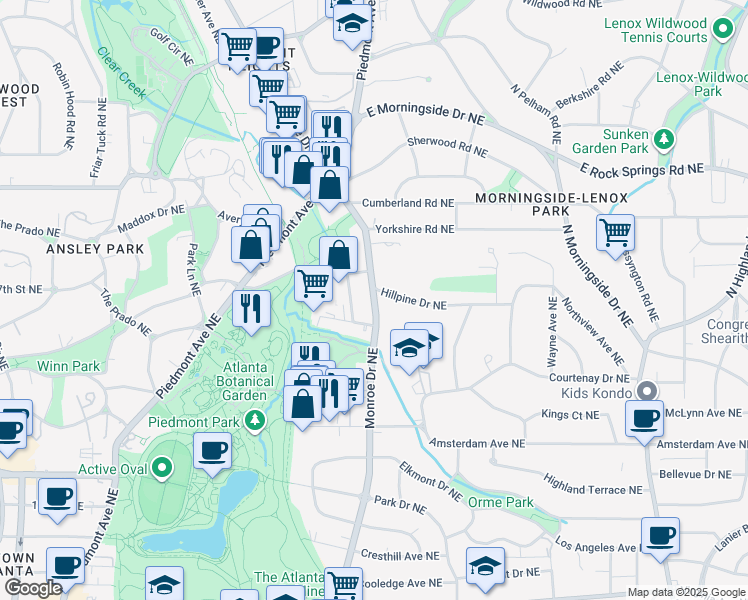 map of restaurants, bars, coffee shops, grocery stores, and more near Monroe Drive Northeast in Atlanta
