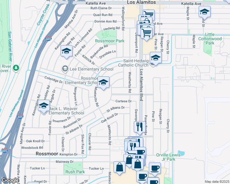 map of restaurants, bars, coffee shops, grocery stores, and more near 3301 Rossmoor Way in Los Alamitos