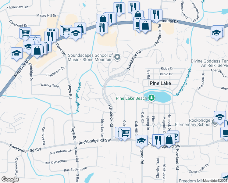 map of restaurants, bars, coffee shops, grocery stores, and more near 4403 Village Square Lane in Stone Mountain