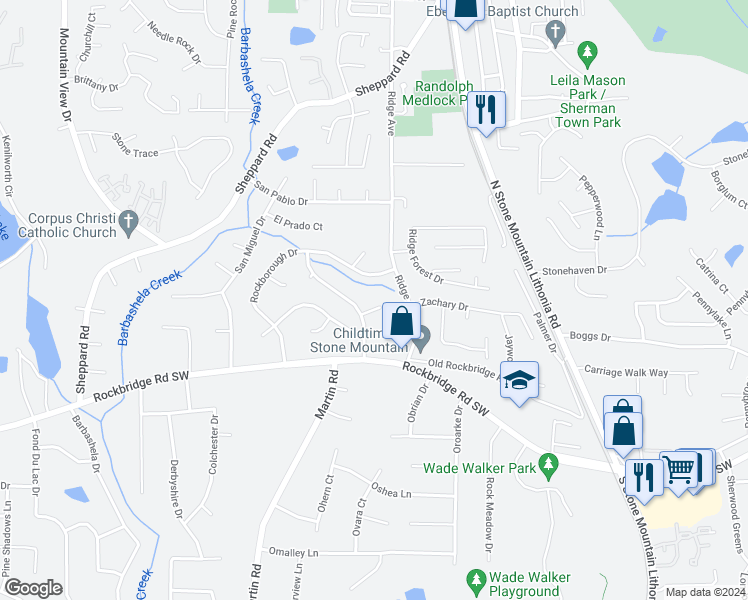map of restaurants, bars, coffee shops, grocery stores, and more near 616 East Rockborough Court in Stone Mountain