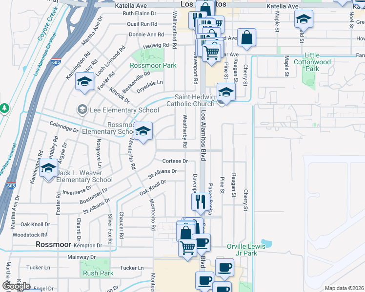 map of restaurants, bars, coffee shops, grocery stores, and more near 3391 Rossmoor Way in Los Alamitos