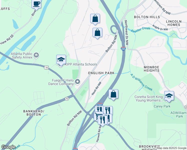 map of restaurants, bars, coffee shops, grocery stores, and more near 1393 Bolton Road Northwest in Atlanta