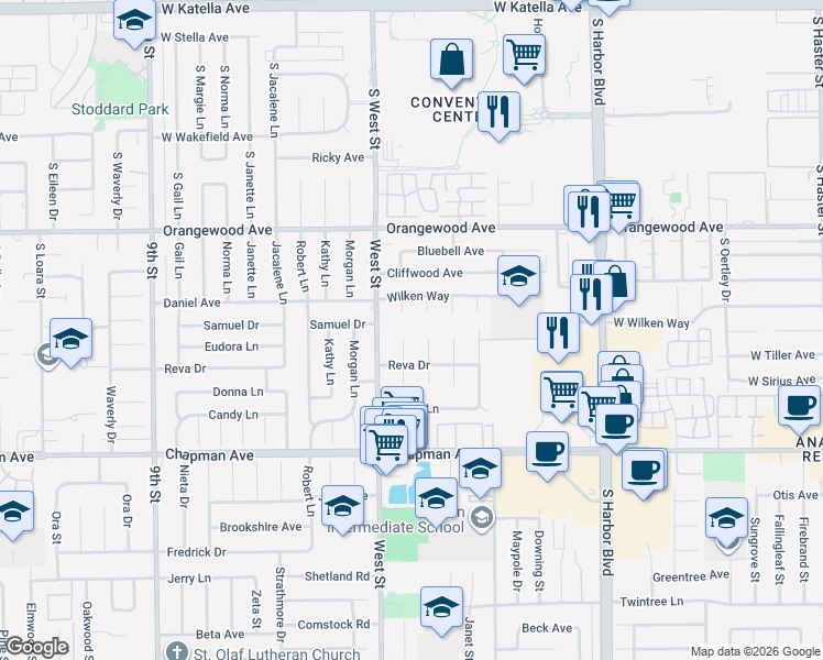 map of restaurants, bars, coffee shops, grocery stores, and more near 11672 Daryl Lane in Garden Grove
