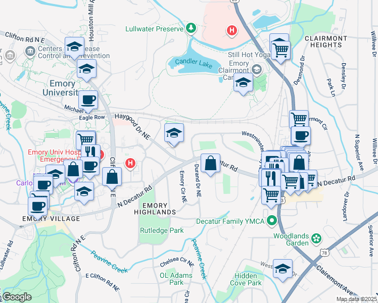 map of restaurants, bars, coffee shops, grocery stores, and more near 1886 North Decatur Road in Atlanta