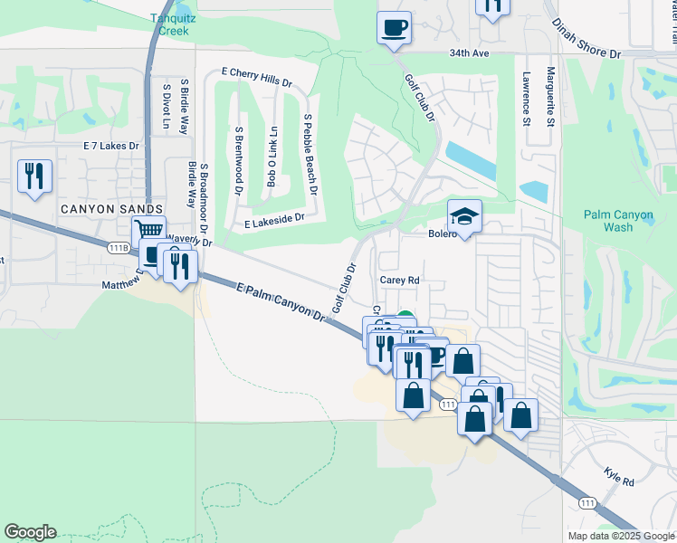 map of restaurants, bars, coffee shops, grocery stores, and more near 2601 Golf Club Drive in Palm Springs