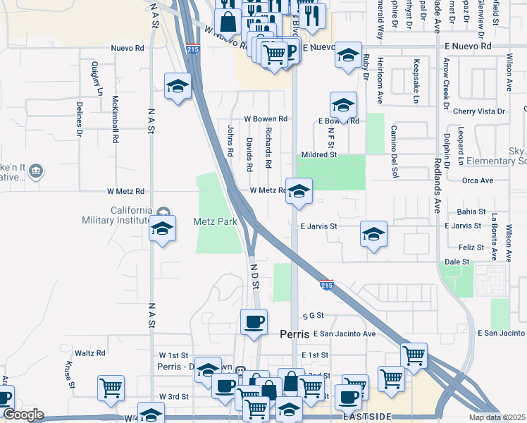 map of restaurants, bars, coffee shops, grocery stores, and more near 700 Richards Road in Perris