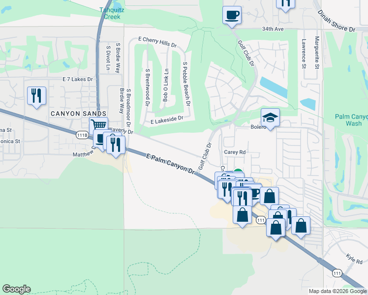map of restaurants, bars, coffee shops, grocery stores, and more near 5300 East Waverly Drive in Palm Springs