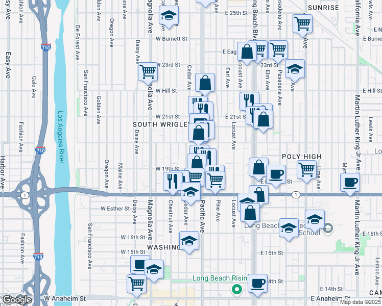 map of restaurants, bars, coffee shops, grocery stores, and more near 1960 Cedar Avenue in Long Beach