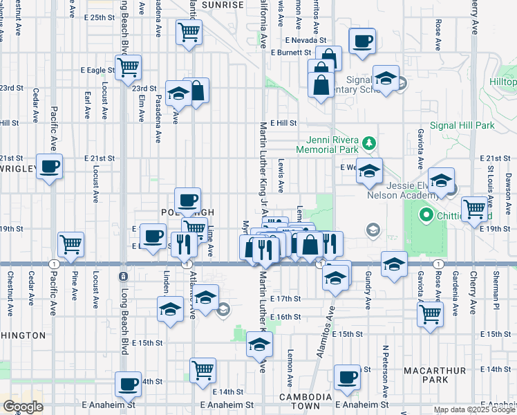 map of restaurants, bars, coffee shops, grocery stores, and more near 1003a East 20th Street in Long Beach