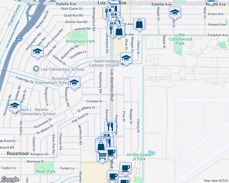map of restaurants, bars, coffee shops, grocery stores, and more near 11711 Paseo Bonita in Los Alamitos