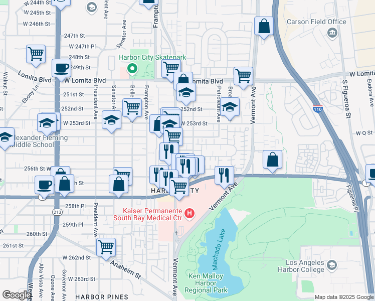map of restaurants, bars, coffee shops, grocery stores, and more near 1132 West 255th Street in Los Angeles